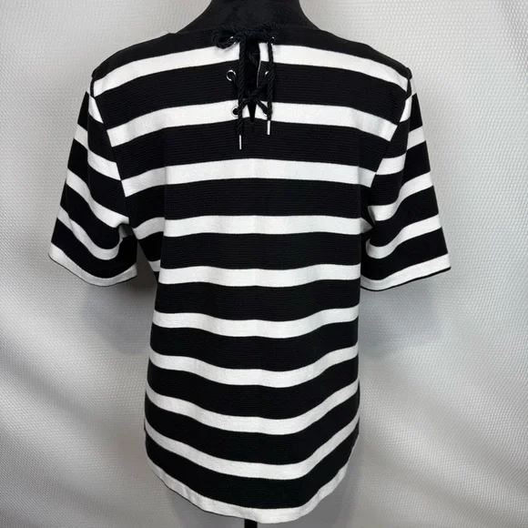 Talbots Lace-Back Black & White Striped Short Sleeved Knit Top Large - Picture 3 of 9
